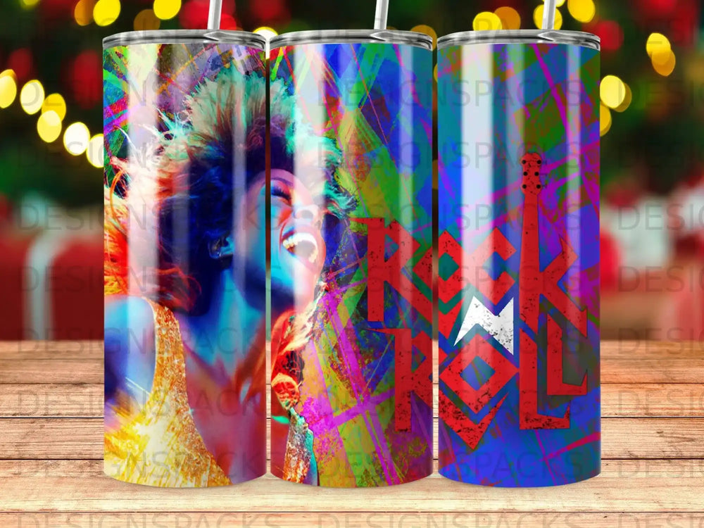 Tumbler with a distressed "Rock and Roll" logo and a vibrant, abstract illustration.