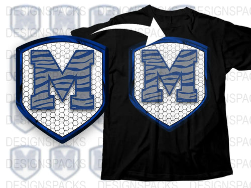 Men's Black T-Shirt with Blue Honeycomb Pattern and Bold M Design