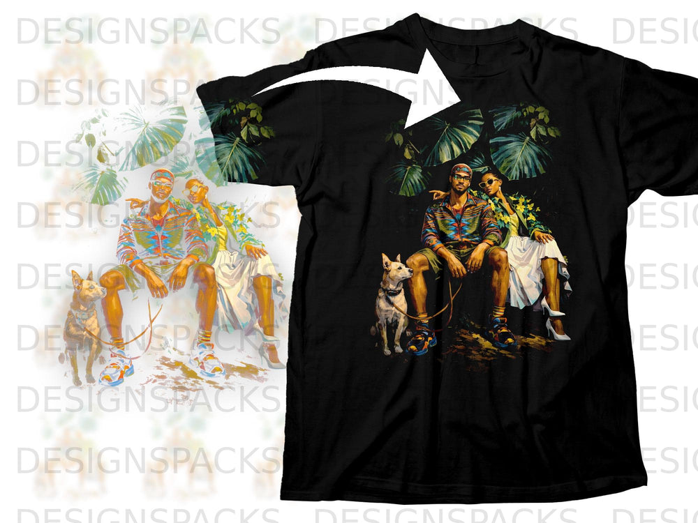 Black t-shirt with a colorful art print of a couple and dog under palm leaves.