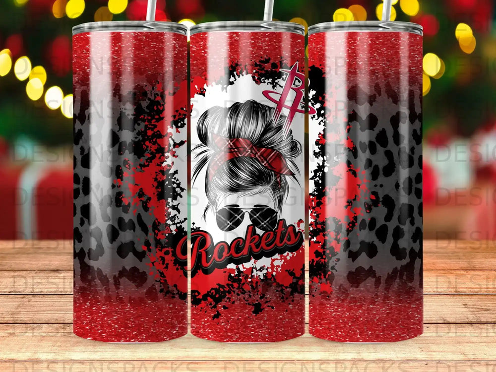 Red and black distressed leopard print tumbler with Houston Rockets logo.