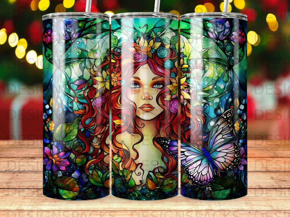 Woman with red hair and floral crown, stained glass butterflies and flowers.