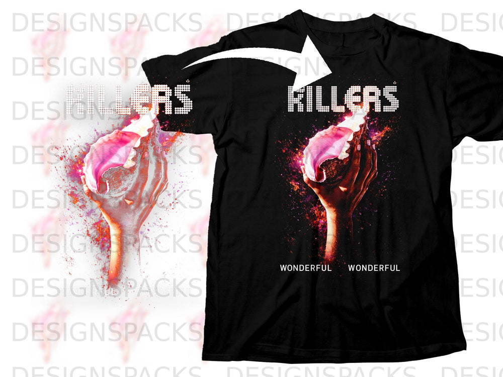 Black t-shirt with "The Killers" logo and abstract art of hand and pink bloom.