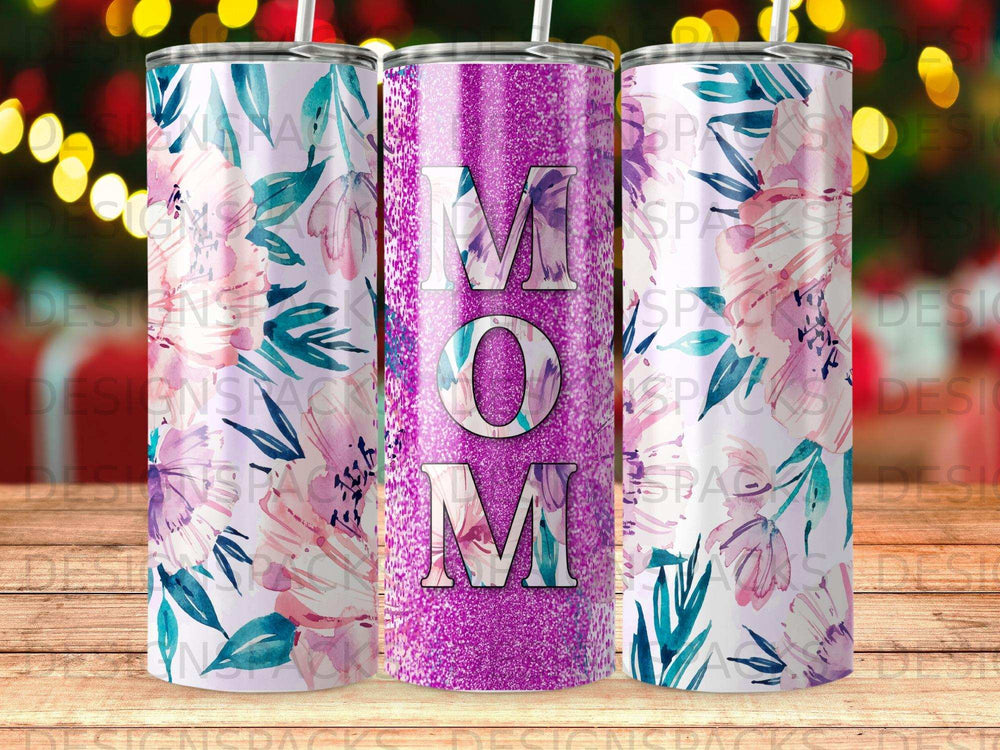 Pink floral tumbler with "MOM" in large glittery letters.