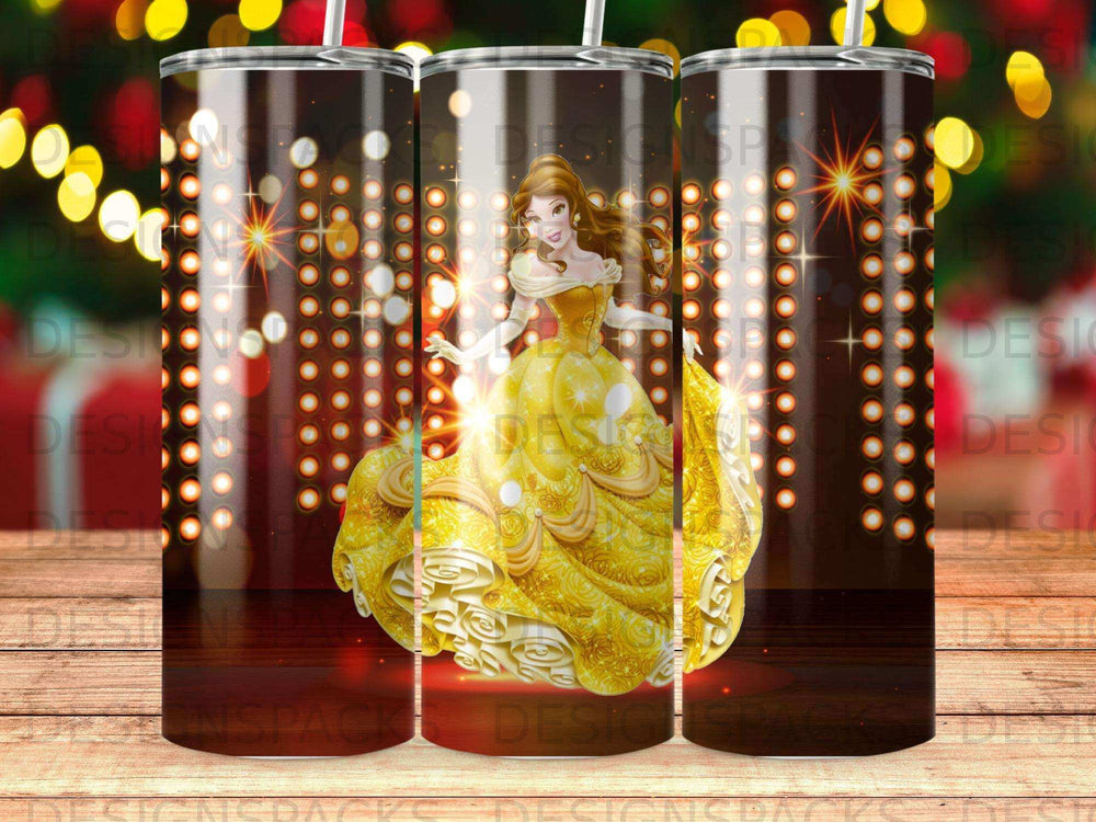 Belle from Beauty and the Beast in a golden ball gown.