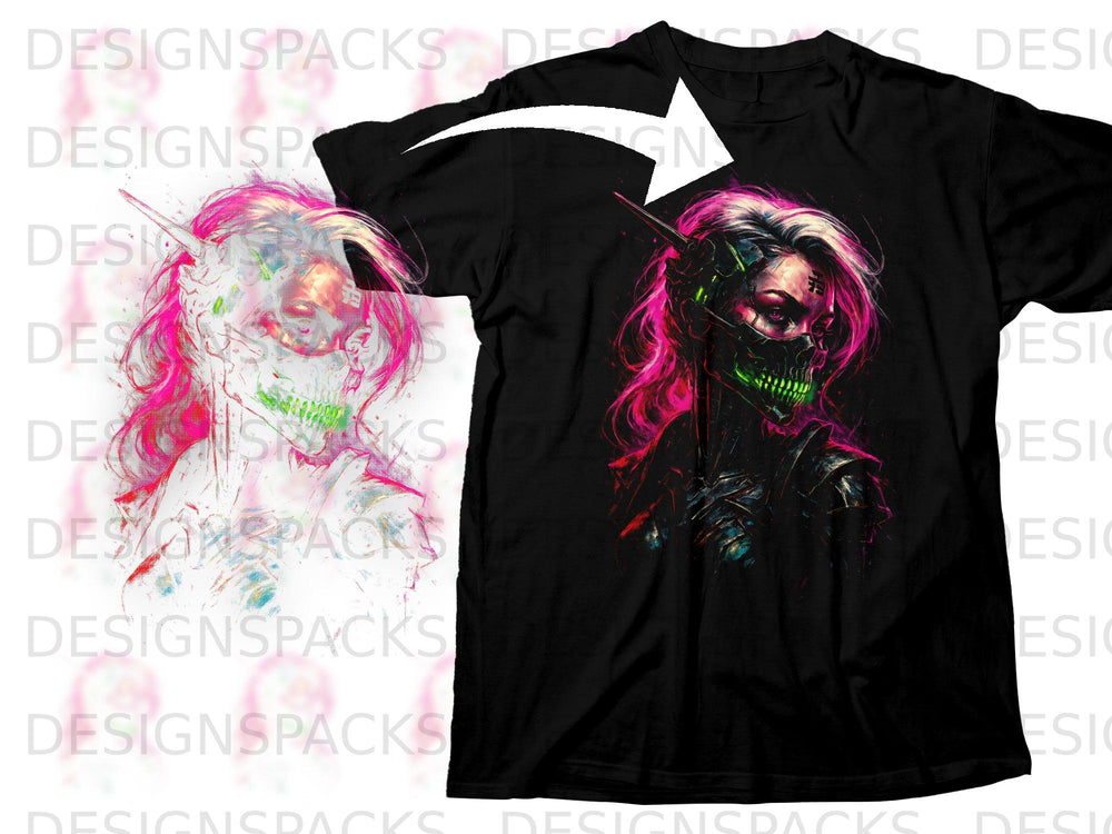 Black t-shirt featuring a cyberpunk woman with neon pink hair and green glowing teeth.