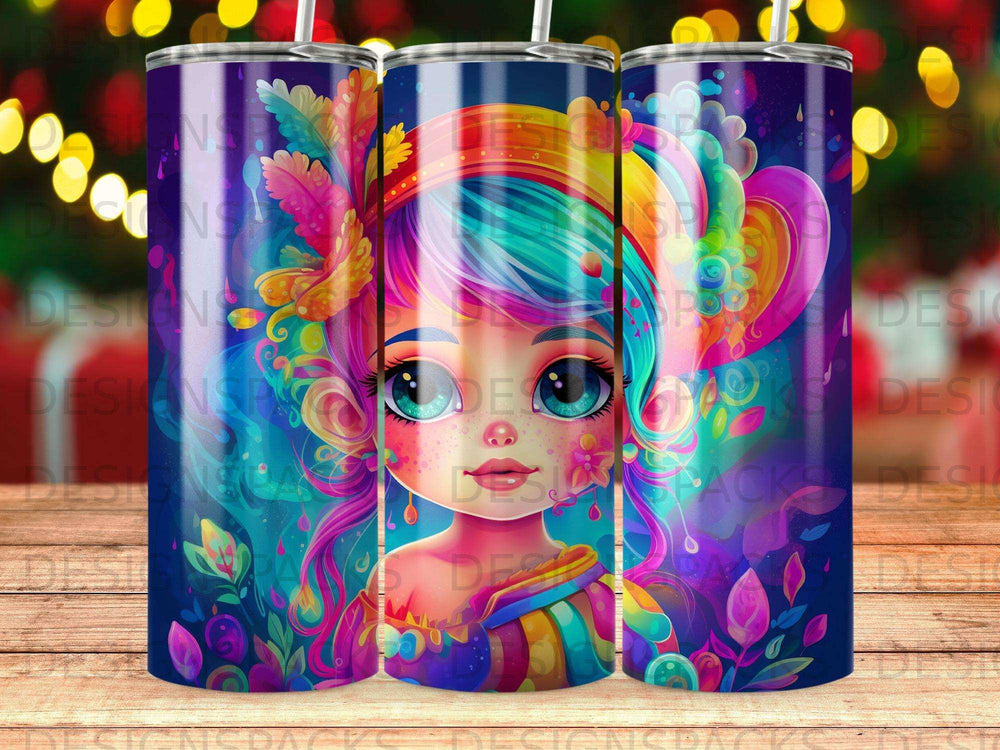 Illustration of a stylized girl with colorful hair and abstract floral elements.