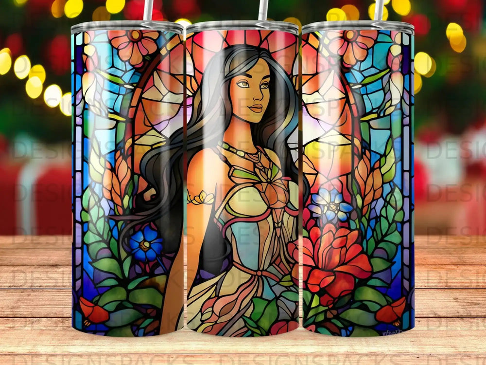 Woman in floral stained glass pattern on a tumbler.