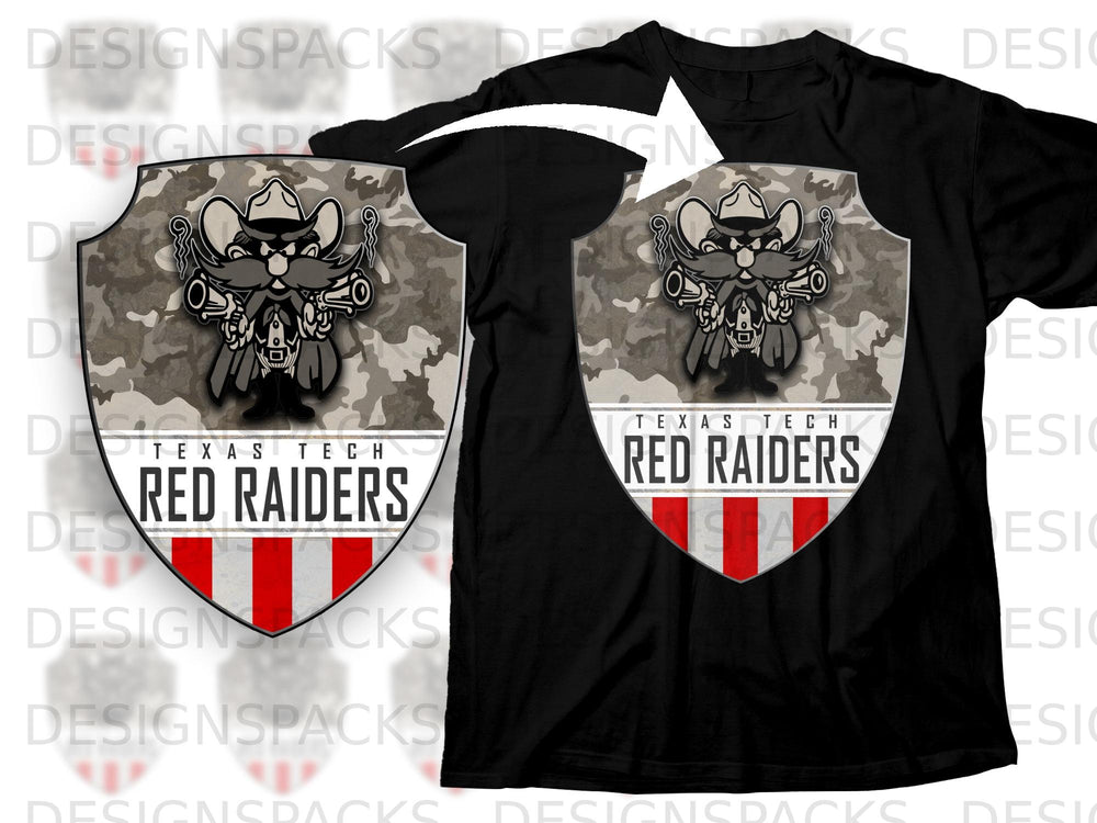 Black t-shirt with Texas Tech Red Raiders logo featuring a cowboy with guns.