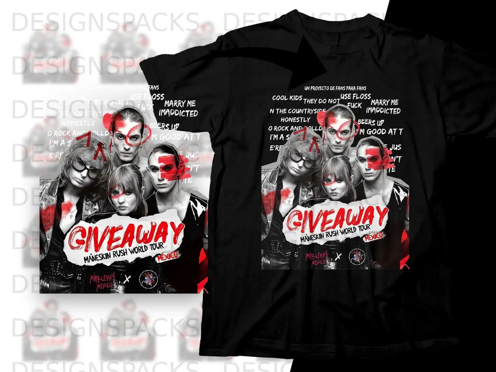 Maneskin Rush World Tour Mexico giveaway t-shirt with band members and text.
