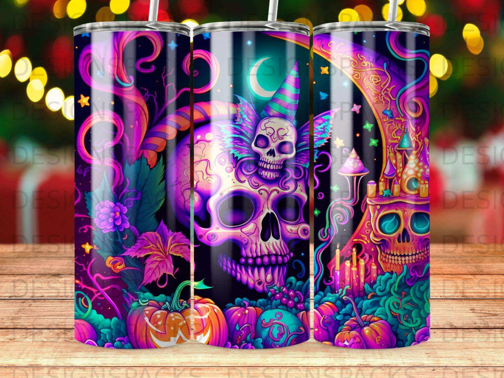 Whimsical skull, pumpkins, and a castle with celestial and floral accents.