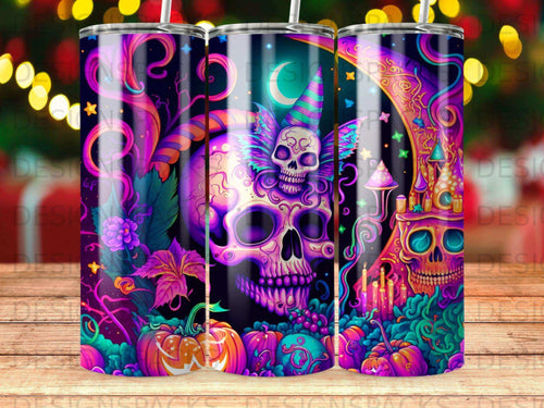 Whimsical skull, pumpkins, and a castle with celestial and floral accents.