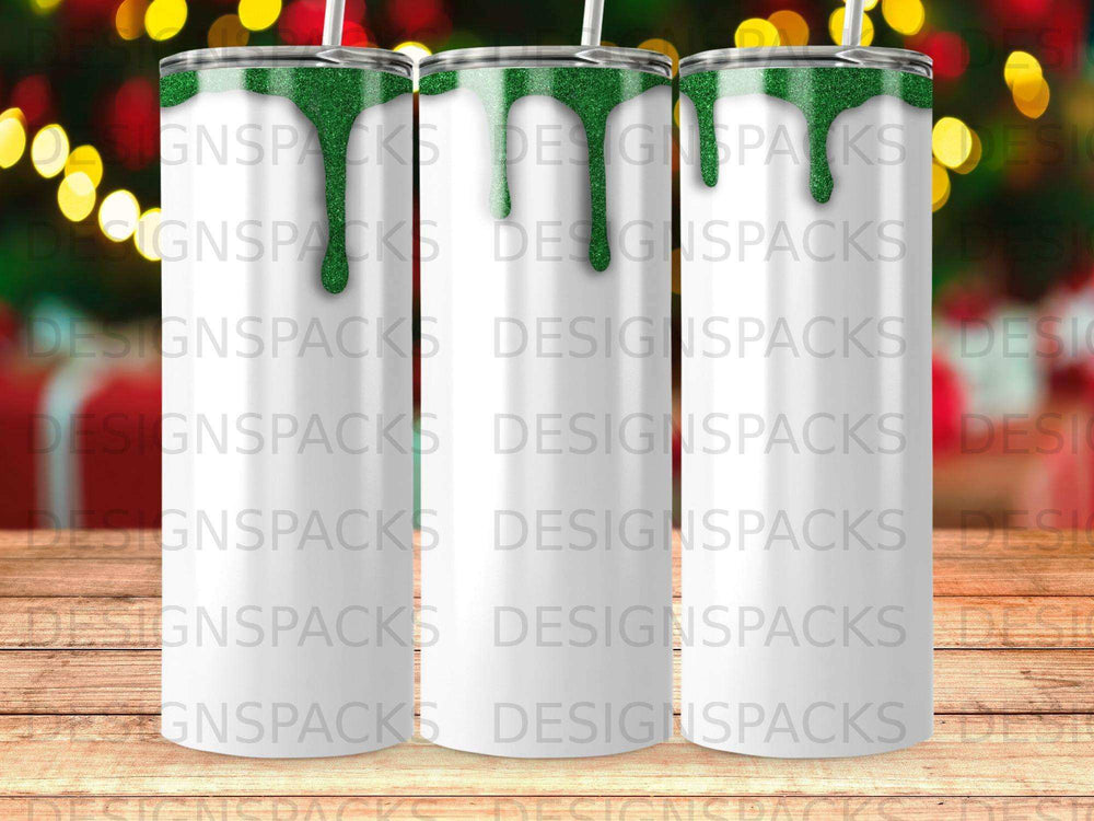 Green glitter tumblers with white sublimation coating, top view.