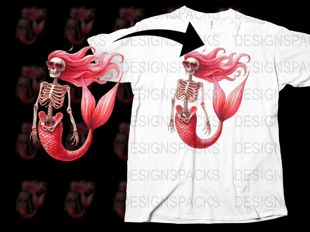 Mermaid Skeleton T-Shirt, Unique Gothic Red Hair Fantasy Art Tee, Halloween Apparel, Ocean Themed Fashion Top