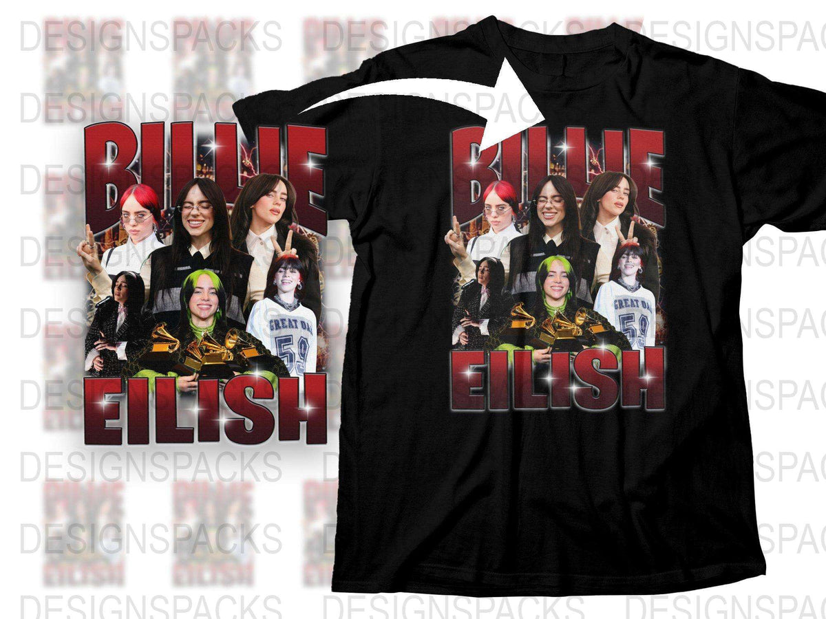 Billie Eilish Fan T-Shirt, Multiple Images Design, Red Logo, Music Tee, Pop Culture Apparel, Gift for Teens