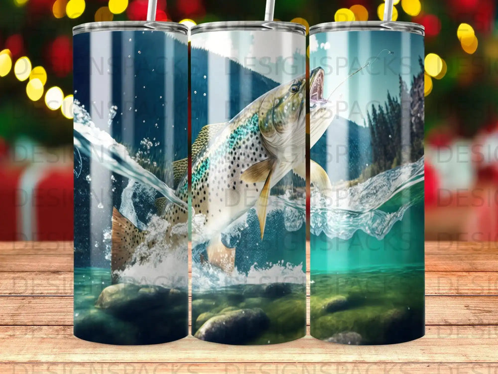 Brown trout leaping from water with trees and lights in background.