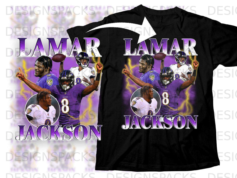 Lamar Jackson graphic with Ravens logo and lightning.
