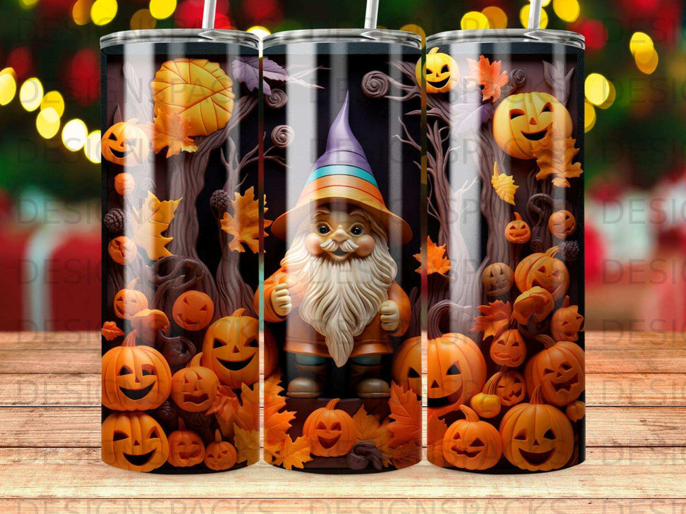 Gnome in witch hat among pumpkins and autumn leaves, Halloween theme.