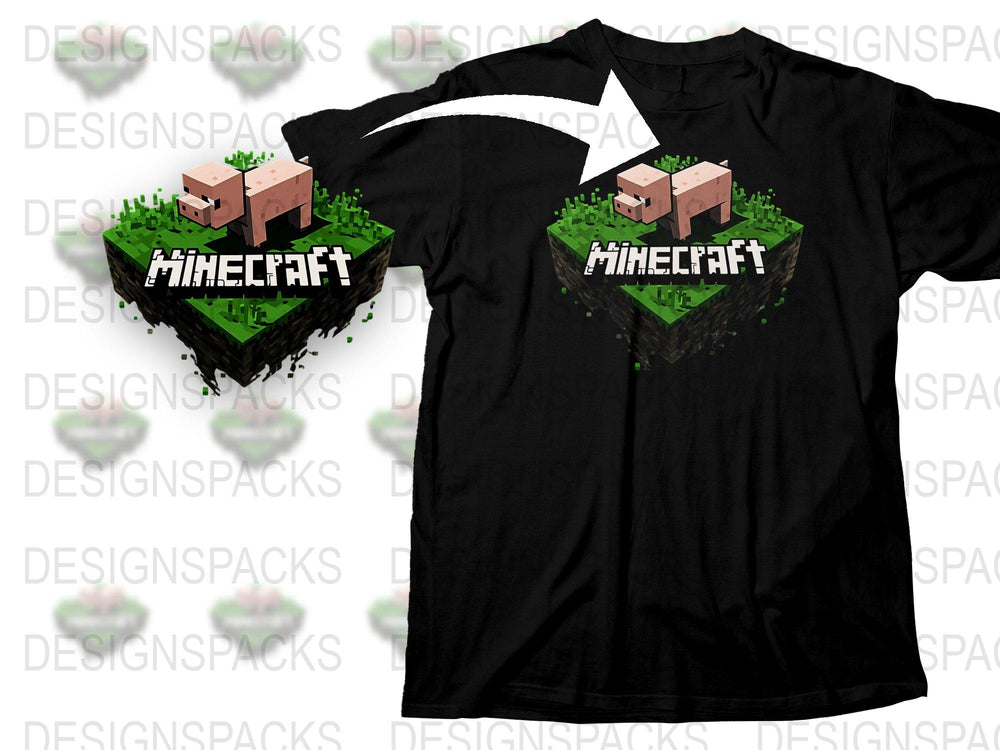 Minecraft T-Shirt with Pig Design, Black Cotton Tee for Gamers, Kids and Adults Sizes Available