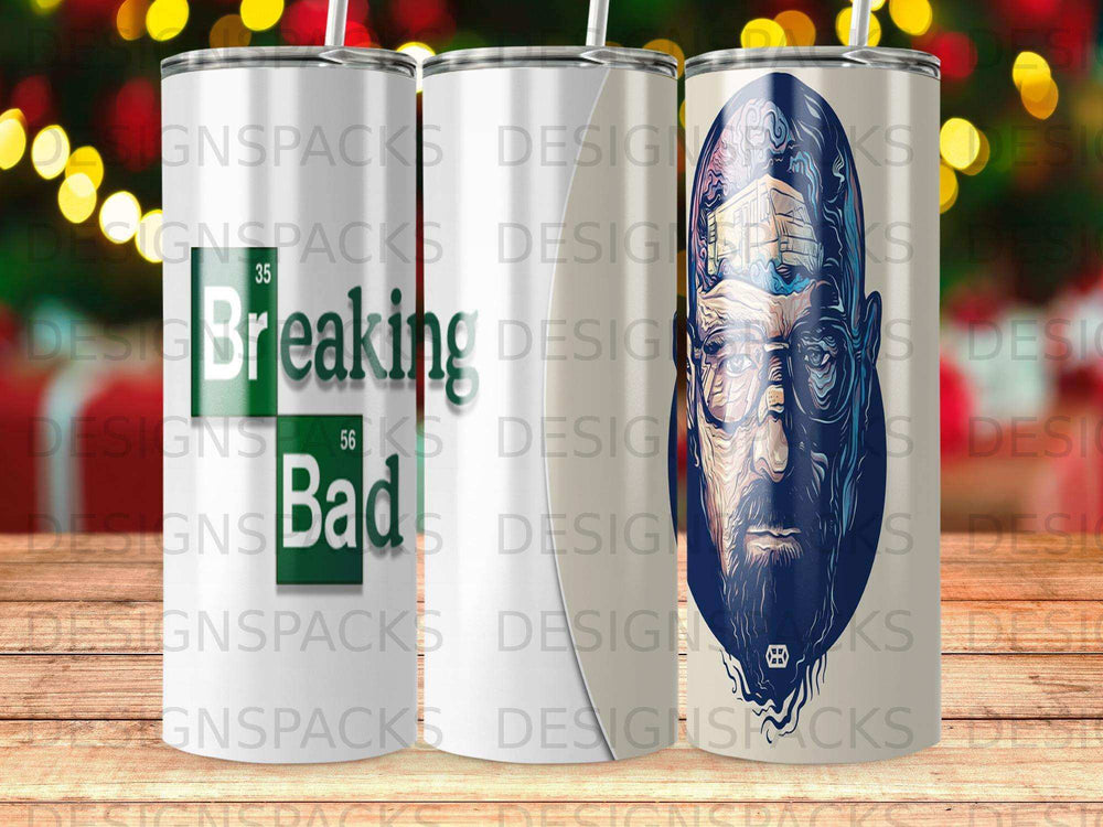 Breaking Bad tumbler featuring Walter White portrait and show title.