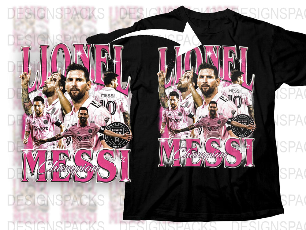 Lionel Messi Champion T-Shirt, Soccer Legend Graphic Tee, Sports Fan Gift, Collectible Apparel, Black and Pink Shirt