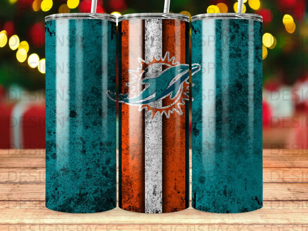 Miami Dolphins tumbler with teal, orange, and white stripes.