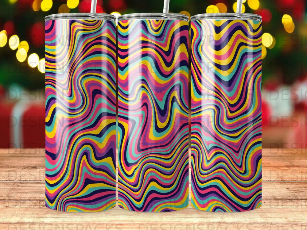 Three tumblers with a colorful, wavy, psychedelic pattern.