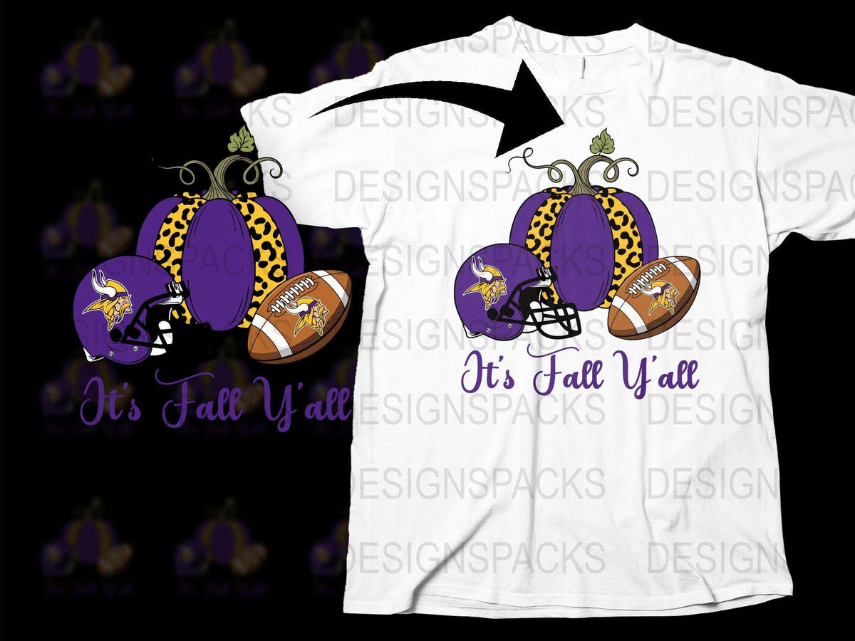 It's Fall Y'all T-Shirt, Autumn Pumpkin Football Design, Thanksgiving Casual Wear, Purple and Orange Tee