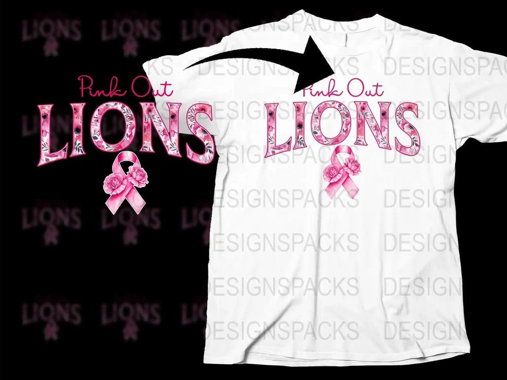 Pink Out Lions T-Shirt, Breast Cancer Awareness Tee, Support Ribbon Graphic, Unisex White Shirt