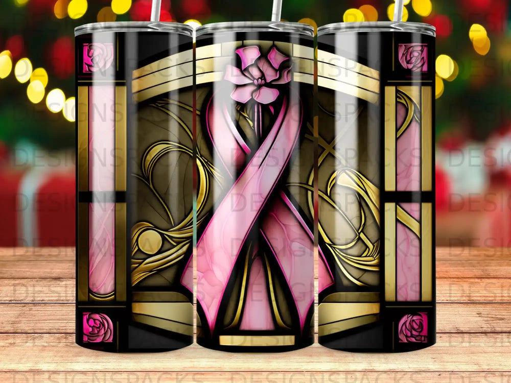 Pink ribbon on stylized background with floral accents.