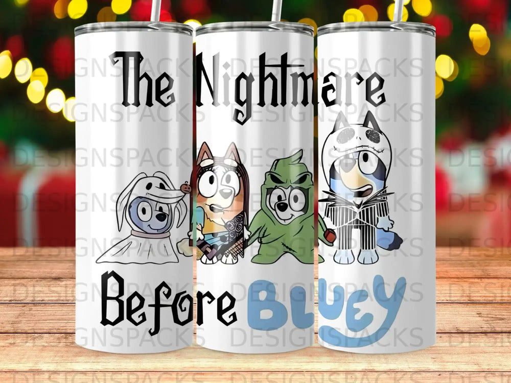 The Nightmare Before Bluey character tumbler with cartoon dogs.