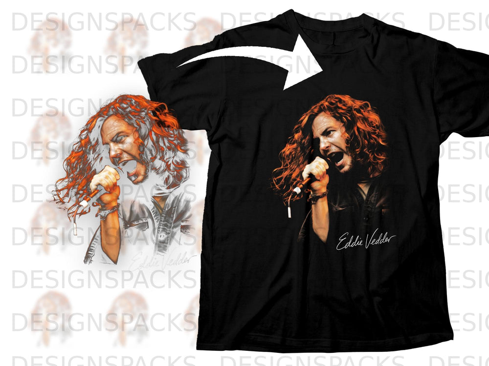 Black t-shirt with a colorful illustration of Eddie Vedder singing into a microphone.