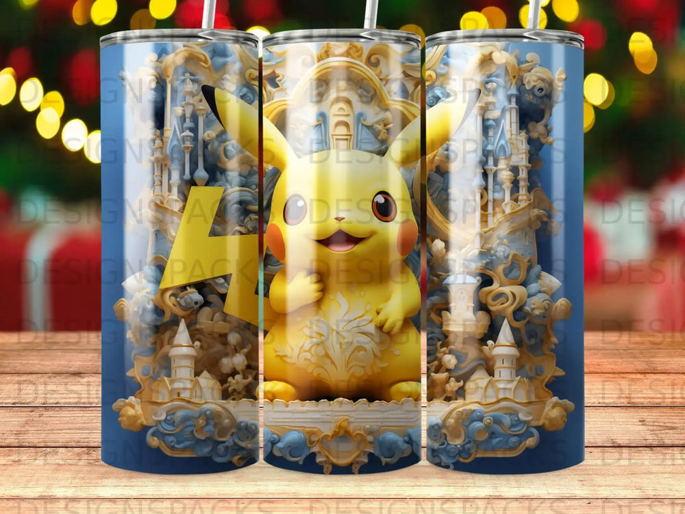 Pikachu on a golden throne with ornate blue castle background.