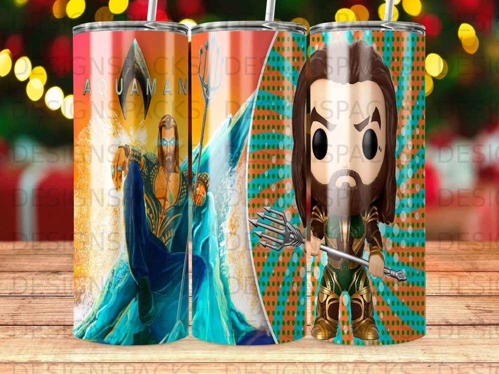 Aquaman and Mera figurines with trident, on patterned background.