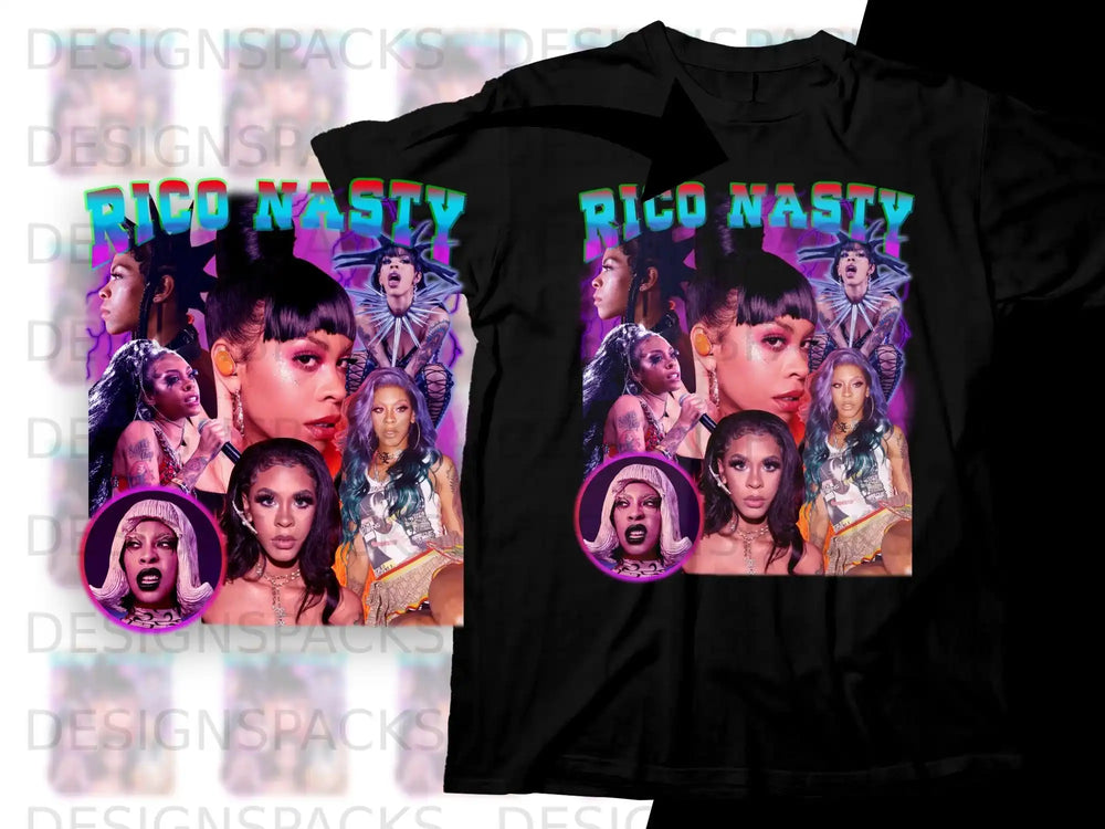 Rico Nasty collage graphic on a black t-shirt.