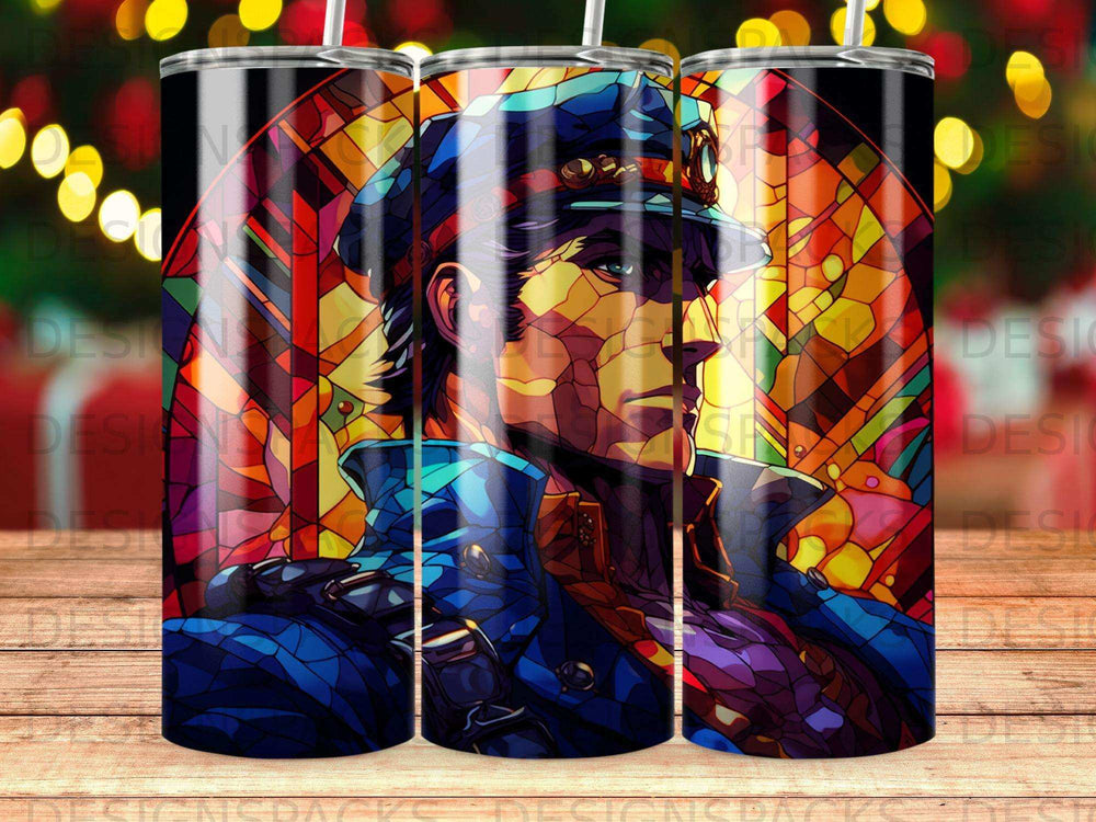 Anime character in blue uniform and hat with stained glass background.