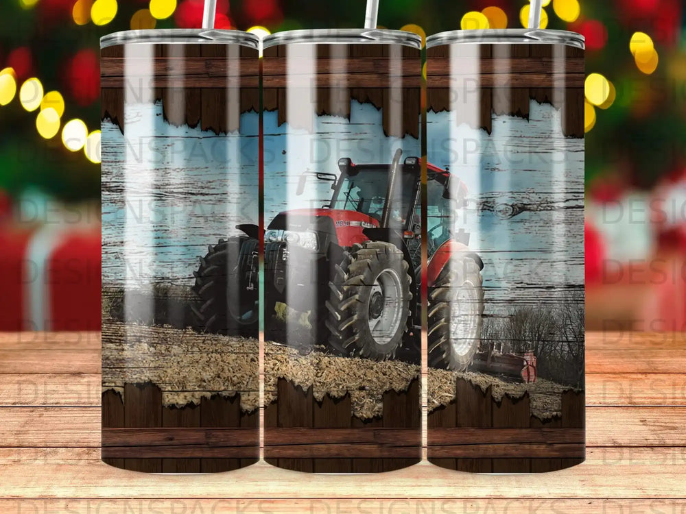 Red tractor plowing a field with wooden frame effect.