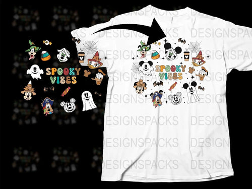 Spooky Vibes Halloween T-Shirt, Cute Ghosts and Pumpkins, Cartoon Style Graphic Tee, Fun October Apparel