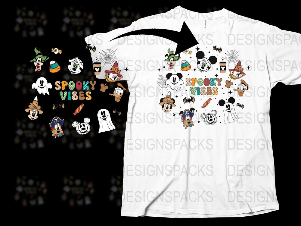 Spooky Vibes Halloween T-Shirt, Cute Ghosts and Pumpkins, Cartoon Style Graphic Tee, Fun October Apparel