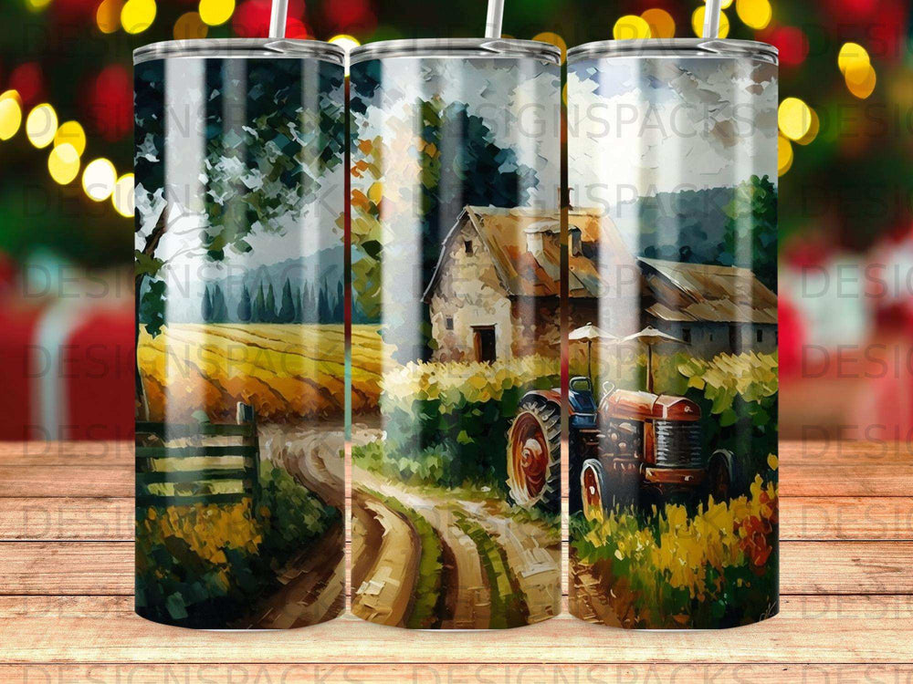 Farm landscape with a tractor and barn, rendered in a painterly style.