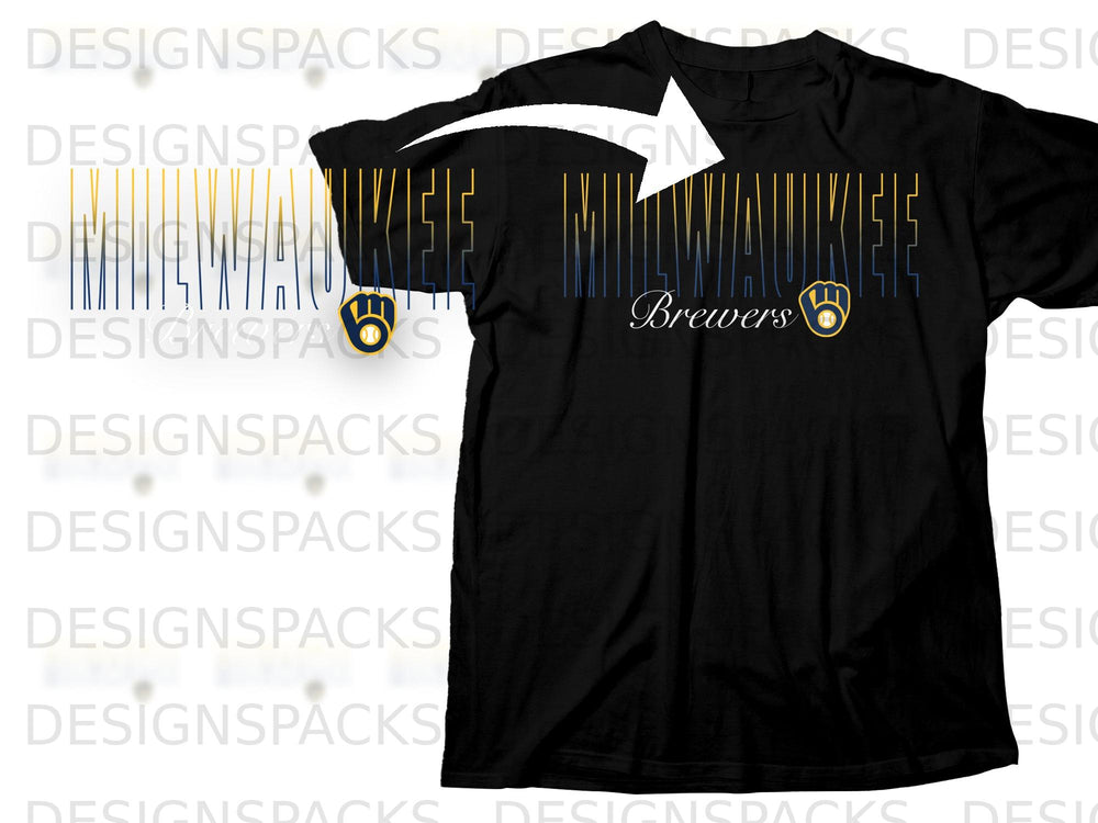 Black t-shirt with outlined "Milwaukee Brewers" text and glove logo.