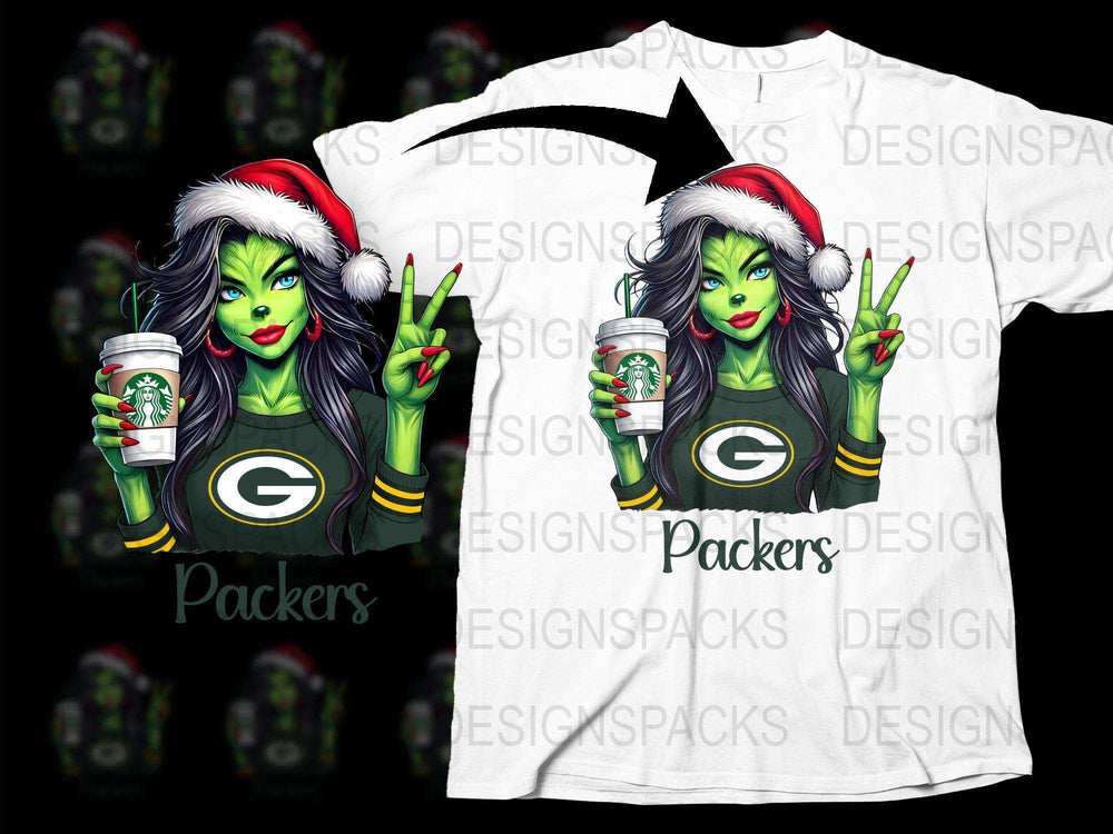 Green Bay Packers Fan T-Shirt, Whimsical Christmas Elf Design, Winter Coffee Lover Apparel