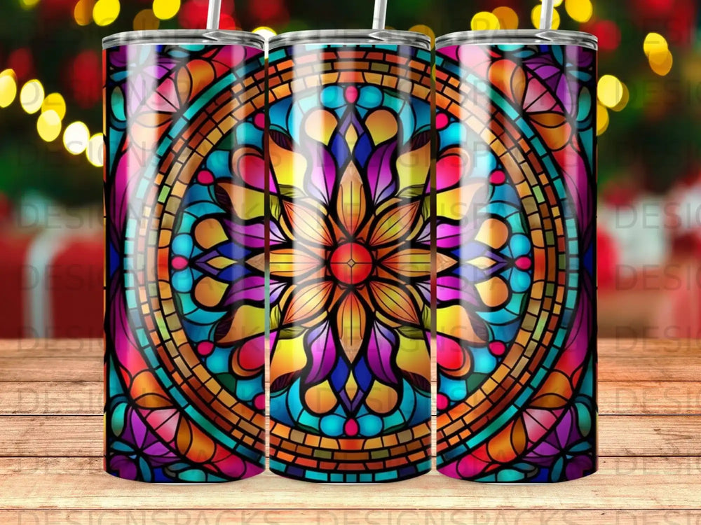 Vibrant stained-glass mandala tumbler with a colorful floral design.
