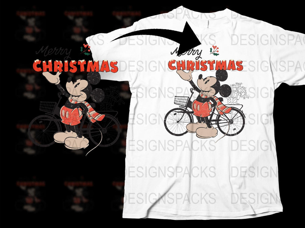 Disney Christmas T-Shirt, Mickey Mouse Riding Bicycle, Holiday Tee, Festive Kids and Adult Sizes