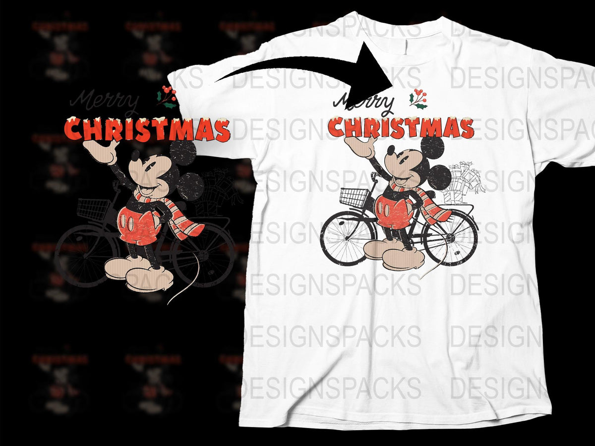 Disney Christmas T-Shirt, Mickey Mouse Riding Bicycle, Holiday Tee, Festive Kids and Adult Sizes