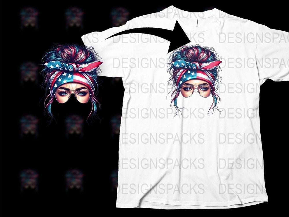 Patriotic Woman Face T-Shirt, American Flag Headband, Unique Graphic Tee, Fourth of July Apparel, Festival Fashion, Stylish Summer Top.