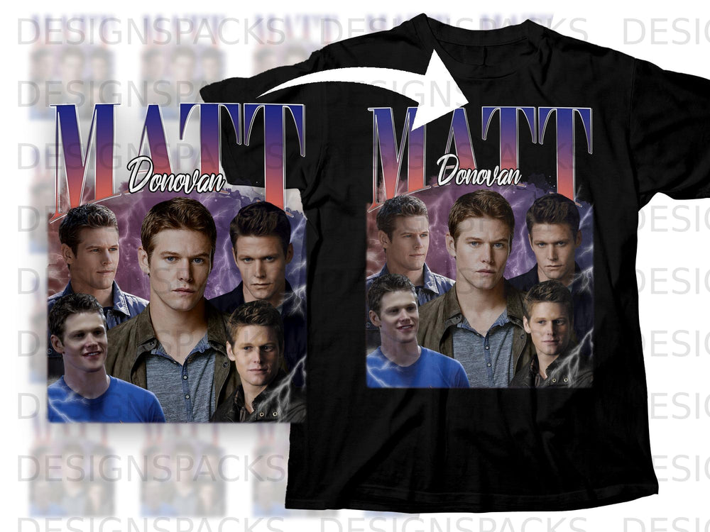 Collage of actor Matt Donovan with text "MATT Donovan" on a black t-shirt.