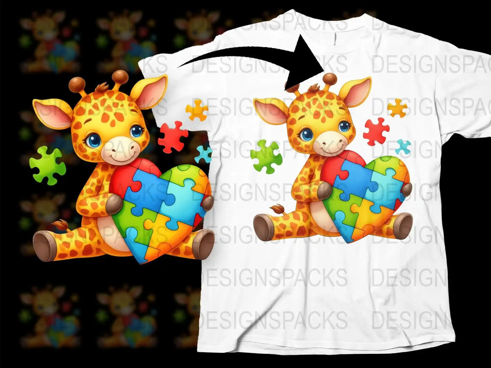 Kids Giraffe Puzzle Print T-Shirt, Colorful Autism Awareness Tee, Cute Animal Graphic Shirt for Children