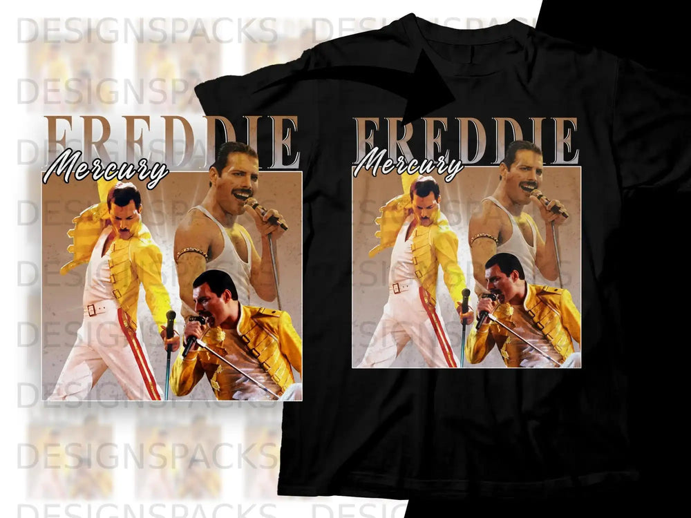 T-shirt featuring dual images of Freddie Mercury in a yellow jacket.