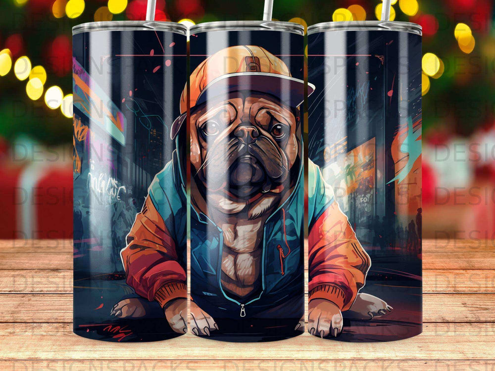 Pug wearing a backwards baseball cap and jacket, illustration on a tumbler.