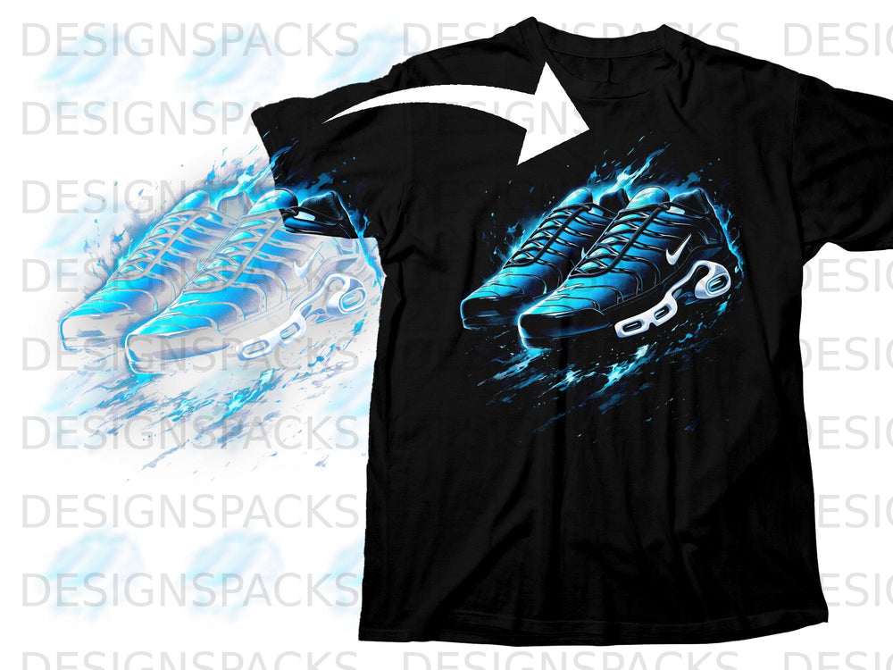 Black t-shirt with blue flaming sneakers graphic and white arrow design.